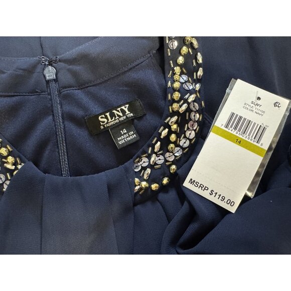 SLNY Evenings 14 Dress Blue Crystal Crew Neck Wedding Cruise Party Event NEW - Picture 6 of 13